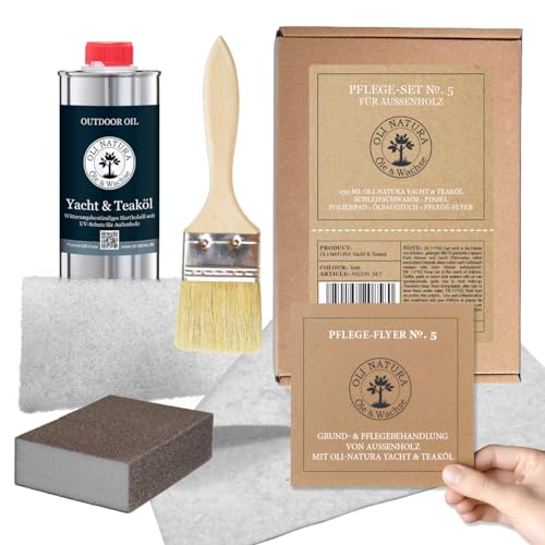 OLI-NATURA PFLEGE-SET No. 5, 6-teilig, für Außenholz mit 250 ml Teaköl, Pinsel, Schleifschwamm und mehr