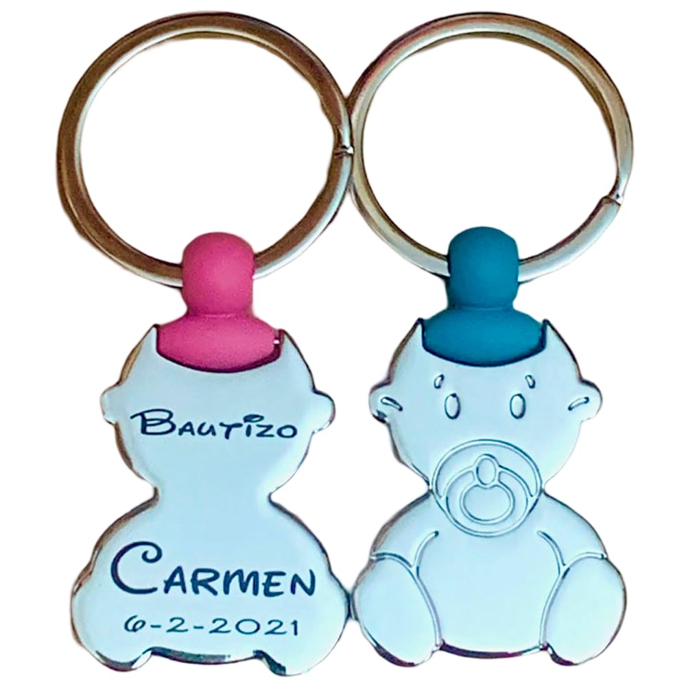 regalo grabado Llaveros Bebé Personalizados Bautizo Texto 3 Líneas en Metal | Llaveros de bebé metálicos personalizados con 3 líneas de texto. Opción de color azul rosa o surtido e incluye caja de regalo