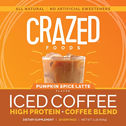 Crazed Foods Protein Iced Coffee, All Natural, No Artificial Sweeteners, Simple Ingredients, Keto, Gluten Free, Whey Protein Concentrate (18 Servings, Pumpkin Spice)