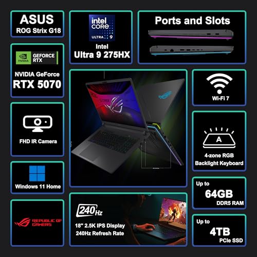 Image of ASUS ROG Strix G18 G815 Gaming AI Laptop 18 inch 2560x1600 240Hz (100% DCI-P3) Intel 24-core Ultra 9 275HX 64GB RAM 2TB SSD GeForce RTX 5070 (Up to 798 AI Tops) RGB Backlit WiFi7 Win11 ICP Hub