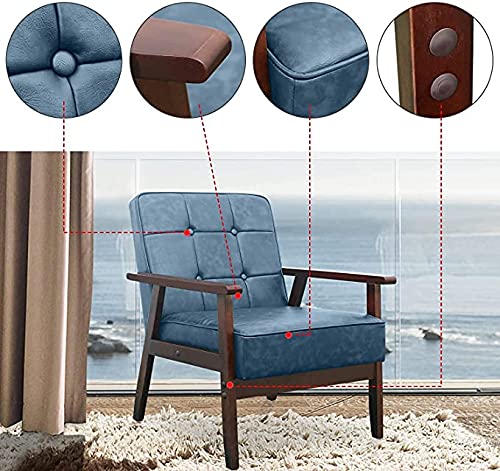 Luckwind Wooden Solid Single Armchair Sofa Accent Chair Pu Leather/Fabric - Retro Modern Upholstered Cushioned Club Chair Lounge Sofa Leisure Chair – Mid Century (Blue, 01) #TOP5