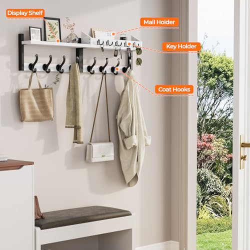Image of Evermagin 35 inch Coat Rack Wall Mount with Shelf, 4 in 1 Coat and Key Hanger with 13 Metal Hooks, Entryway Wall Mounted Shelf with Mail Holder for Living Room, Bedroom, White