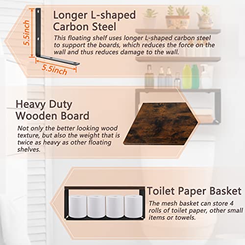 Giotorent Floating Shelves Wall Mounted Set Of 3, Wood Bathroom Shelves Over Toilet With Paper Storage Basket,Wood Wall Shelves For Wall Decor, Bathroom, Bedroom, Living Room,Rustic Brown #TOP5