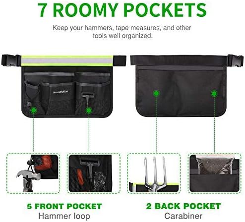 Housolution Garden Belt, Tools Belt Pouch with Rellective Strip, 7-Pocket Portable Tool Waist Bag, Adjustable Tool Holster Belt Tool Apron for Garden Shears, Wrench, Hammers, Screwdrivers - Black