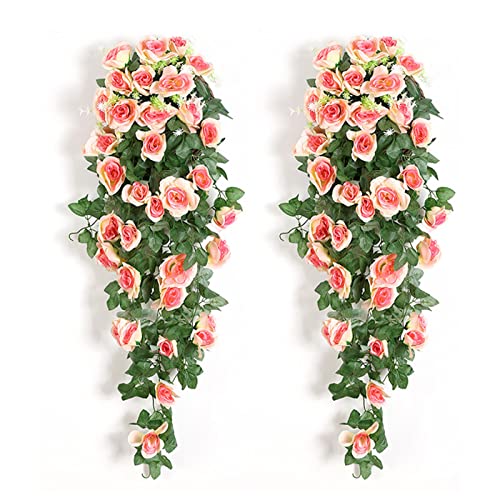 TURMIN Künstliche Rose Girlande 2 Stück, 1,8m Hängend Kunstblumen Gefälschte Pflanzen Rosenrebe Blumen Seidenblumen Rosen Deko mit Blättern für Garten Haus Hochzeit Party Dekoration-Champagner Cover