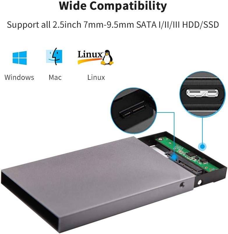SSK Aluminum USB3.0 to SATA 2.5” External Hard Drive Enclosure Adapter, Ultra Slim Hard Disk Case housing for 2.5 Inch 9.5mm 7mm SATA HDD and SSD, UASP SATA III Supported : Electronics