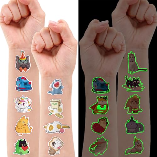 Image of 96 PCS Cat Luminous Glow in The Dark Temporary Tattoos for Kids | Cute Cats Themed Birthday Party Favors, Supplies, Decorations & Fake Animal Paw Stickers for Boys Girls