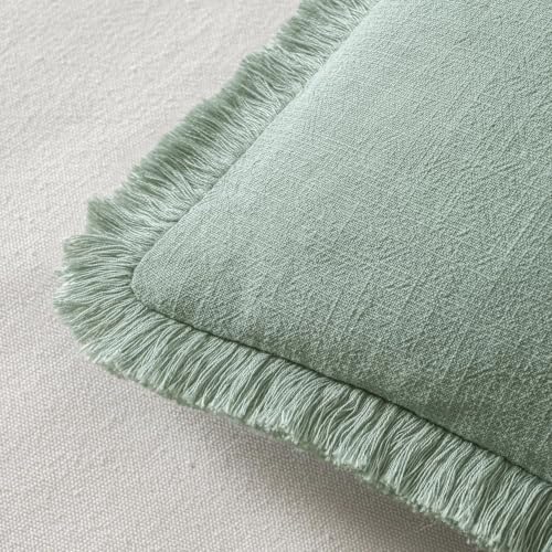 Image of MIULEE Linen Fringe Decorative Lumbar Throw Pillow Covers Aqua Green 12x20