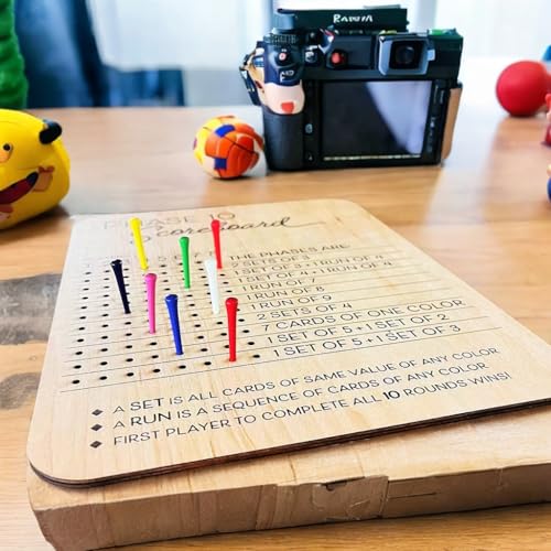 Tablero de puntuación Phase 10 de madera 2025 con 8 clavijas de colores miniatura 5