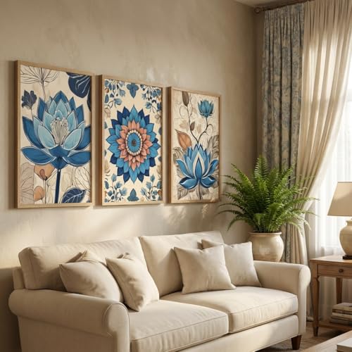 Image of Livin'luxe Set of 3 Blue Lotus Floral Wall Paintings for Living Room Bedroom Home Decor, Textured Artwork with Premium Wooden Color Synthetic Frame (25.5 x 19.5 Inch) NM03-53