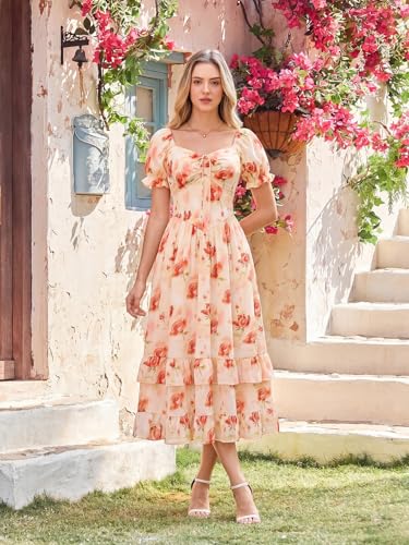Image of Scarlet Darkness Women Floral Maxi Dress Puff Sleeve Tea Party Corset Dress | Pockets, Ruched Bust, Ruffled Hem, for Cottagecore Fairy Milkmaid Vacation