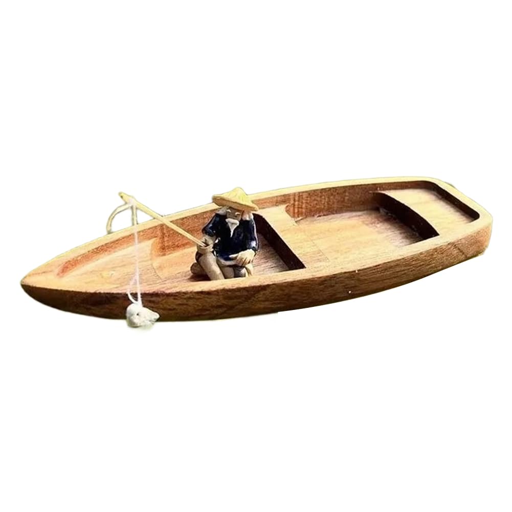 CosyCaya Handmade Fisherman Cat Mini Wooden Boat Floating Model Fishing Boat Fish Tank Pond Decoration Aquarium Accessories