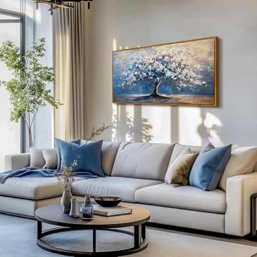 SERIMINO Tree of Life Wall Art, Large Framed Wall Art, Blue Tree Abstract Painting Art Prints, Nature Plant Canvas Art Wall Decor, Modern Neutral Pictures for Living Room Bedroom Office Hotel 24"X48"