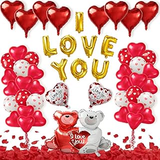 Valentines Decorations Balloons - 60 Pcs Valentines Day Decor Valentines Balloons Latex, Mylar Red Heart Balloons I love you balloons with Rose Petals Arch Kit
