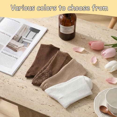 Image of Jspupifip 4 Pairs Pilates Grippy Socks for Women, Long Non Slip Yoga Socks with Grips Crew Socks for Pilates Barre Hospital