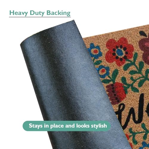 Image of ATMAH Welcome Floral Coir Door Mat 45 x 75 cm | Heavy Duty Entrance Mat | Anti Slip PVC Backing | Indoor & Covered Outdoor Doormat