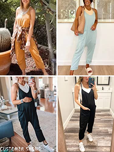 Deep Self Jumpsuits For Women, Wide Leg Summer Casual Spaghetti Strap Deep V Neck Overalls With Pockets (Medium, Black) #TOP4