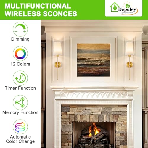 Image of Depuley Battery Operated Wall Sconce: 27 inch Set of 2 Wireless Wall Lights with Remote for Bedroom - Rechargeable 15 Colors Gold Wall Lamp for Living Room Hallway Decor