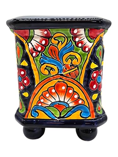 Talavera Pottery Store Square Planter with Feet Hand Painted Pot Indoor Outdoor Multi Colored Figure Glazed