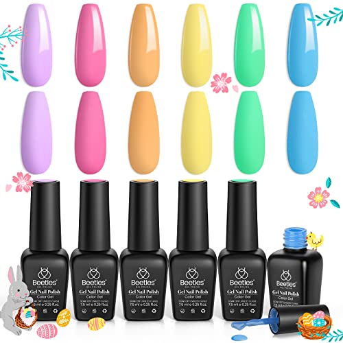 Beetles Gel Nail Polish Kit, Easter Nail Art 6 Colors Spring Summer Rainbow Bright Purple Pink Yellow Green Blue Soak Off Nail Lamp Gel Polish Set DIY Manicure Gifts for Girls