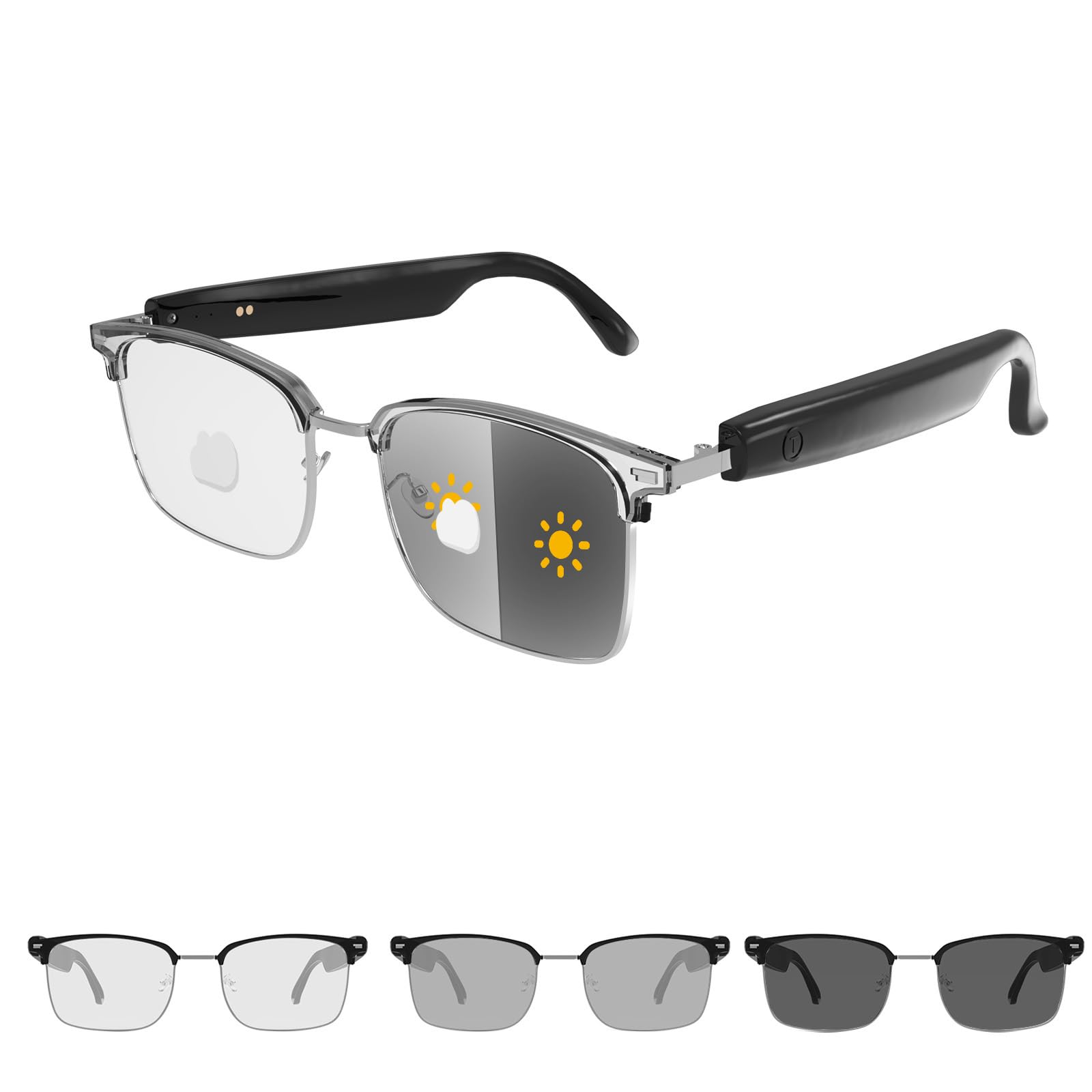 Harlafou Bluetooth Audio Smart Glasses, Photochromic Sunglasses Blue Light for Men and Women,Open Ear Sound Mic & Speakers, Magnetic Charging (Black+Sliver)