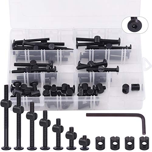 Keadic Juego de tornillos de repuesto para cama de bebé, 85 unidades, M6, 15, 25, 35, 45, 55, 65 y 75 mm, cabeza hexagonal, 1 llave hexagonal gratis, acero negro de alta velocidad