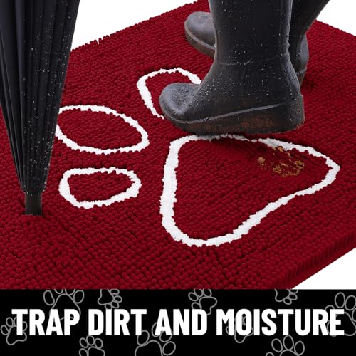 Image of Smiry Dog Door Mat for Muddy Paws, Absorbent Dirt Trapper Non Slip Quick Dry Washable Chenille Mat for Mud Dogs, Entry Rug for Indoor and Outdoor (48x30 Inches, Red and White)