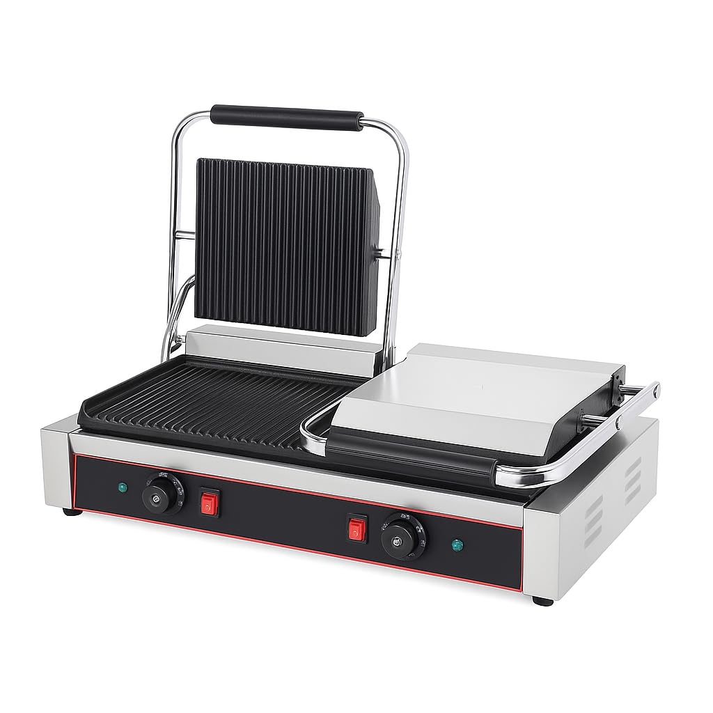 Parrilla Panini Profesional Doble 4,4 kW - Placas de hierro fundido 240 x 235 mm x 2 - Temperatura 0-300°C - Bandeja de grasa de acero inoxidable - Estructura de acero inoxidable - Suspensión superior