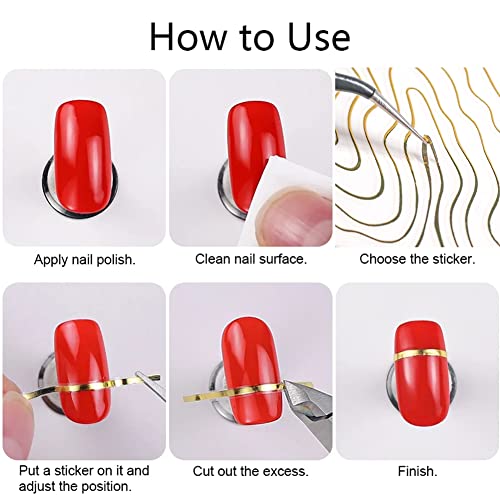 6 Sheets Gold Nail Art Stickers Decal,Line Nail Stickers 3D Metallic Self-Adhesive Nail Decals Holographic Wave Stripe Lines French Nail Art Design For Women Acrylic Nails Supplies Diy Nail Decoration #TOP6