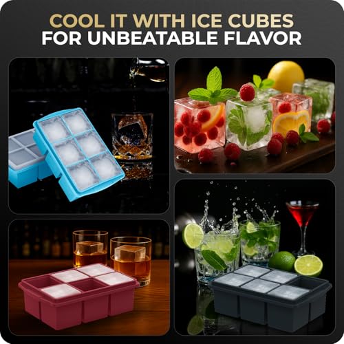 Image of Large Ice Cube Trays for Whiskey, Silicone Ice Cube Tray, with Reinforced Steel Ring Top, Makes 12 perfect 2-in ice cubes, Square Ice Tray for Cocktails, Whiskey, Coffee. (2 Pack)