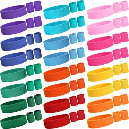 Image of Neon Sweatbands and Wristbands Bulk, Cotton Sports Headbands for Team Spirit, School Field Day, 80s 90s Party, Soccer Fan Accessories, Gym, Cheer and Group Events