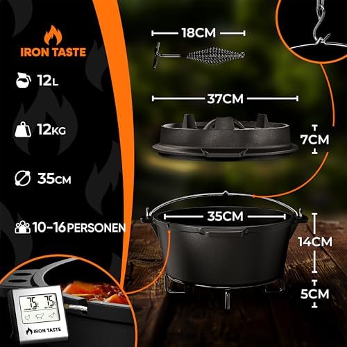 Bild 1 - Dutch Oven Set 12L - Eingebrannter Dutch Oven 12 Liter - Feuertopf Gusseiserner Topf mit praktischem Deckelheber & Edelstahl Untersetzer [für 10-16 Personen]