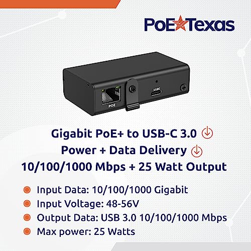 PoE Texas Gigabit PoE+ to USB-C 3.0 Power and Data Delivery for 25w Tablets - 802.3at Power Over Ethernet Adapter - Active PoE Adapter for iPad Pro 12.9, Surface Go, Galaxy Tab at POS Stations, Kiosks - Thumbnail 3