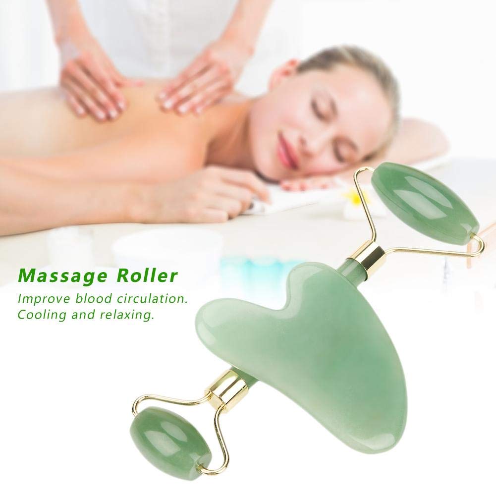 Hztyyier Herramienta de Masaje de desguace de Piedra Natural Gua Sha Tablero de Gua Sha de Cuarzo Verde con Rodillo de Jade de Doble Cabeza para Masaje Facial Relajante en el Cuello y SPA