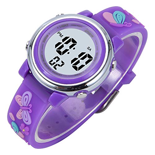 New Butterfly Kids Watches 3D Cartoon Silicone Waterproof 7 LED Color Lights Toddler Digital Wrist Watch with Alarm Stopwatch for 3-10 Year Girls Little Child (Purple)3