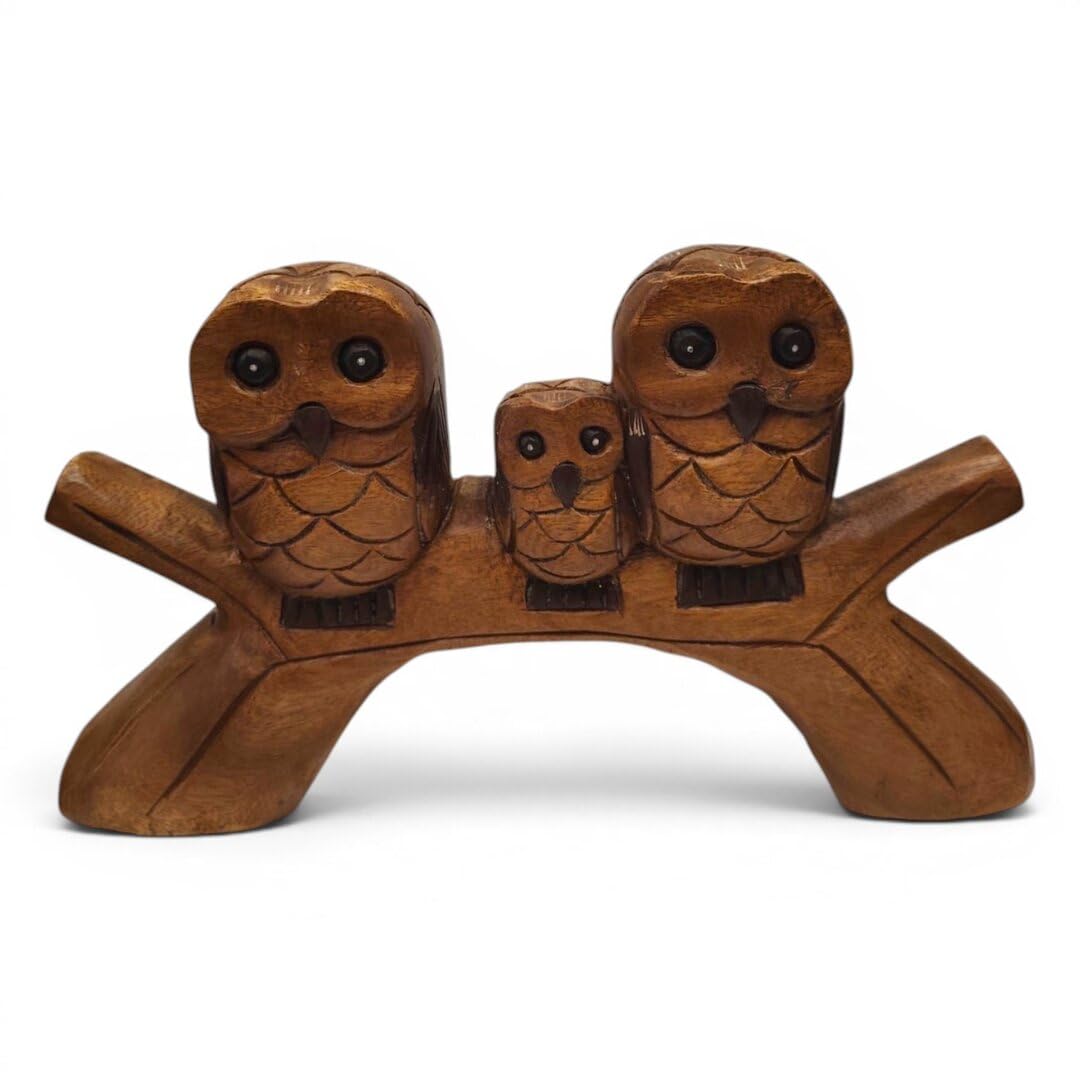 Kinaree Familia de búhos de madera en AST – tallado a mano, aprox. 36 cm de ancho, búhos decorativos de una sola pieza, regalo para la familia