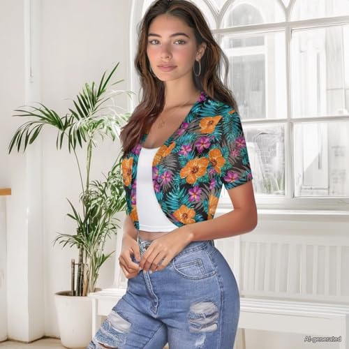 Image of Womens Short Sleeve Cardigans Lightweight Summer Cardigan Trendy Bolero Shrug Cute Floral Cardigan Sheer Bolero