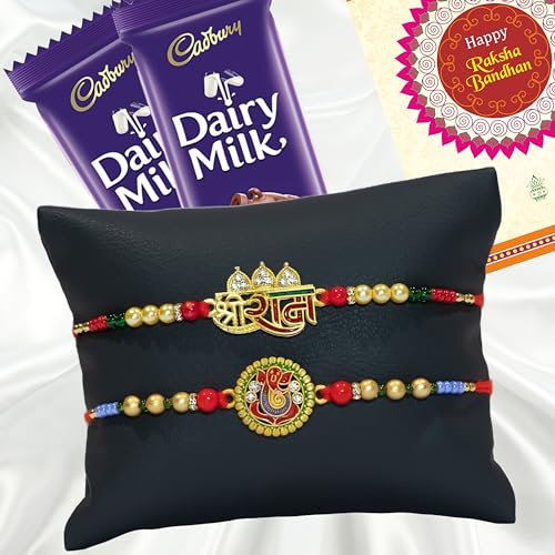 Image of Canton Rakhii Combo Gift Hamper Pack of 2 Rakhii For Brother With Chocolate, Rakhi With Cadbury Dairy Milk, Greeting Card & Roli Tilak (Design-15, 2 Rakhi With Cadbury)