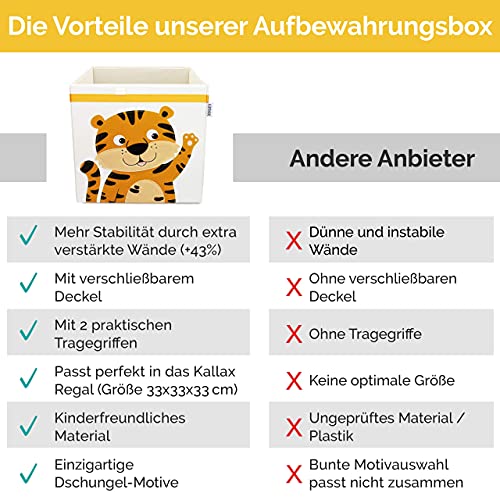 GLÜCKSWOLKE Kinder Aufbewahrungsbox - 15 Motive I Spielzeugkiste mit Deckel für Kinderzimmer I Spielzeug Boxen Tiger (33x33x33) Aufbewahrung im Kallax Regal I Dschungel Safari Kiste (Ronja Raubtiger)