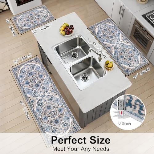 HEBE Farmhouse Kitchen Rugs Sets of 3 Non Slip Washable Boho Kitchen Rugs and Mats for Floor Kitchen Runner Rug Floor Carpet for Kitchen, Laundry, Hallways