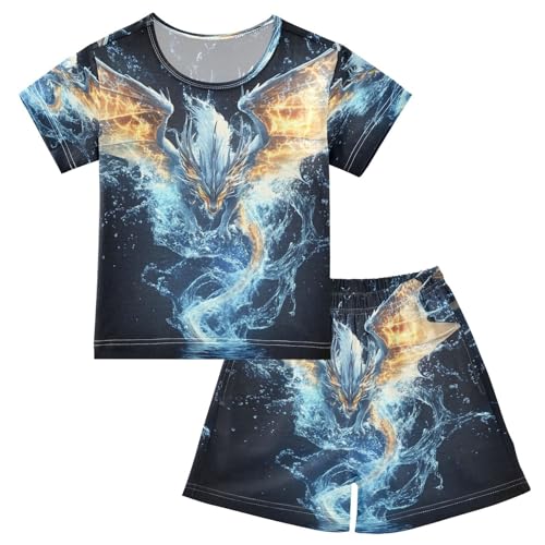 ALAZA Dragon Fantasy Blue Pajamas Set Short Sleeve Cotton Sleepwear Summer Pjs 2 Piece 5-14Y