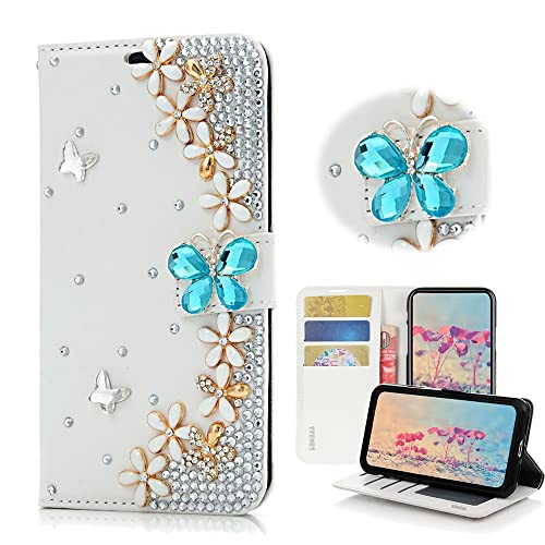 STENES Bling Wallet Phone Case Compatible with Samsung Galaxy Note 10 - Stylish - 3D Handmade Butterfly Flowers Floral Rhinstone Diamond Design Leather Cover Case - Blue