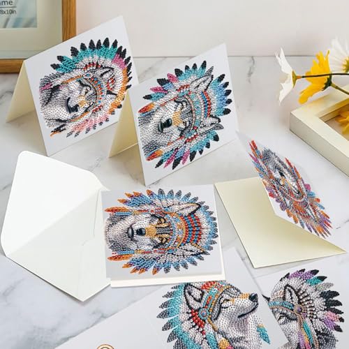 Image of 6 Pack 5D Diamond Art Greeting Cards Kit with Envelopes, Wolf with Native American Headdress Design, DIY Special Shape Diamond Painting Greeting Card for Adults, Handmade Card Craft Gift Set