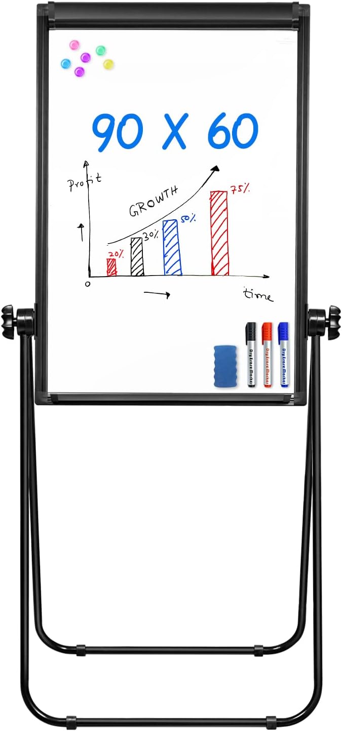 Flipchart Stand 90 x 60cm, Magnetic Flip Chart Double Sided Easel Board Portable Whiteboard for Office, School, Home