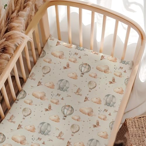 Image of Clouds Pattern Fitted Sheet for Toddler Mattress - Hot Air Balloon Theme Unisex- 28 * 52