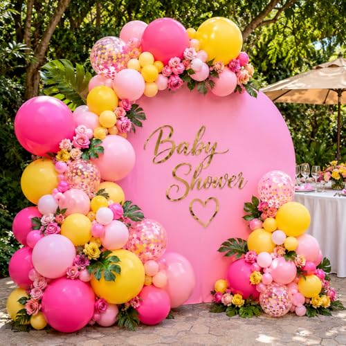 Image of Pink and Yellow Balloon, 12 Inch Hot Pink Yellow Confetti Latex Balloons | with Ribbon Peach Color Theme Party Decorations for Birthday Baby Shower Engagement Decorations