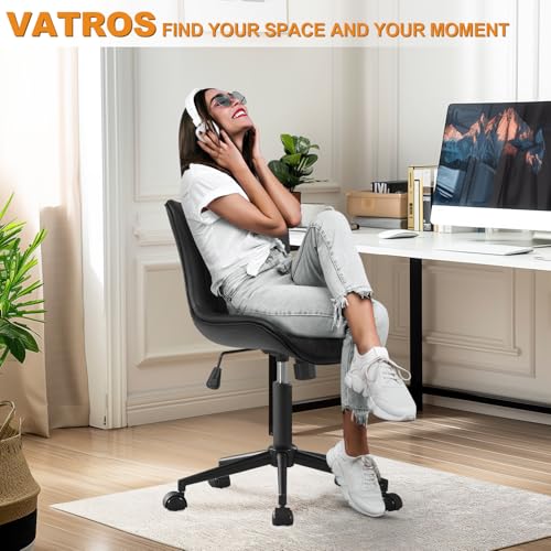 Image of Armless Office Chair, Height Adjustable Desk Chair with Wheels, Ergonomic Comfy 360 Swivel Home Office Computer Task Chair, Faux Leather Padded Cute Vanity Chair,Black