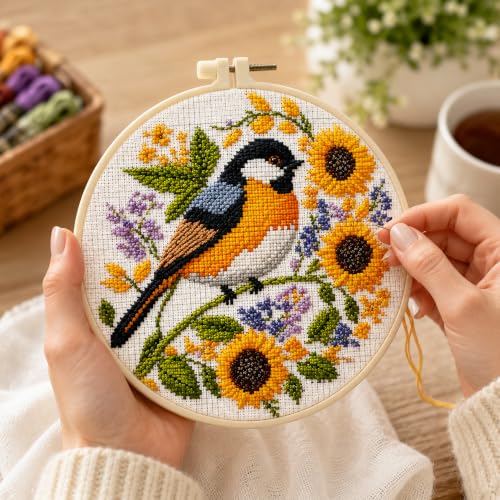 Image of Zhenqing 4 Pack Bird Cross Stitch Kit for Adults & Beginners, 11CT Stamped Cross Stitch Set with Hoop, Hummingbird, Penguin & Songbird Designs, DIY Embroidery Kit Home Decor Gift(70361)
