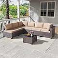 Kullavik 7 Pieces Outdoor Patio Furniture Set,PE Wicker Rattan Sectional Sofa Patio Conversation Sets with Tempered Glass Table,Sand