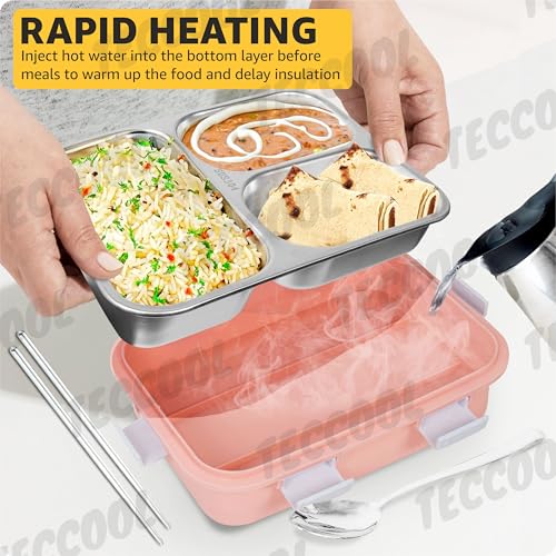 Image of TEKCOOL Lunch Box for Adults - Lunch Box for Kids - with Spoon & Fork - Stainless Steel Lunch Box with 3 Compartment - Durable Perfect Size for On-The-Go Meal, BPA-Free